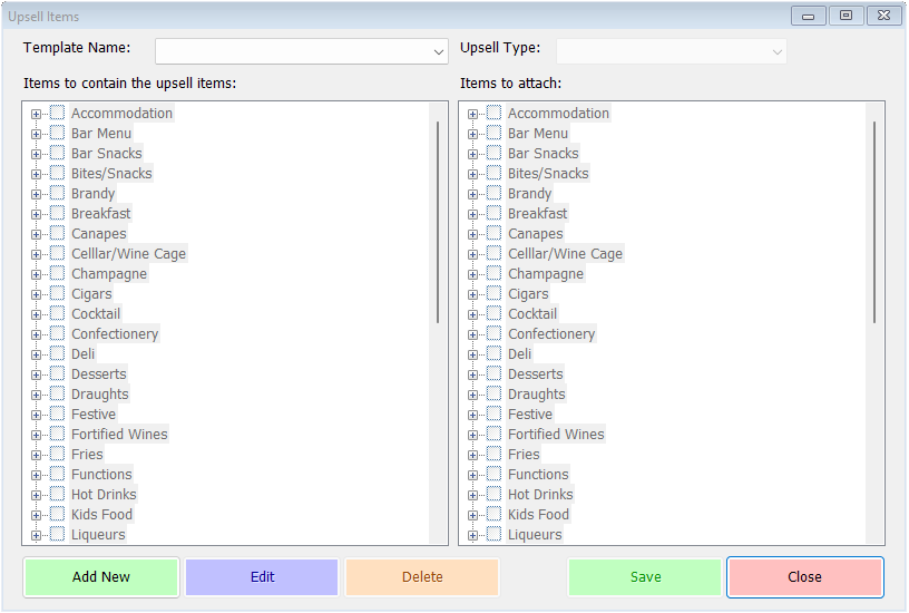 shows Upsell Items form with no templates created