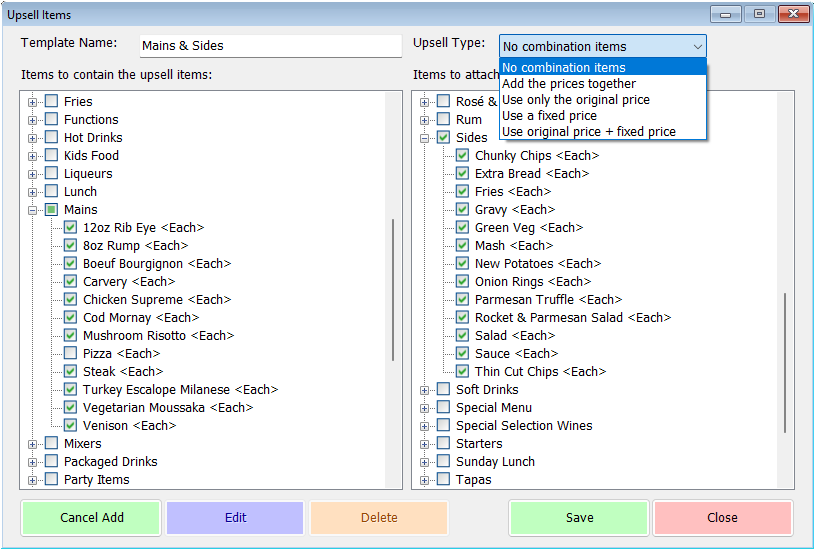 shows upsell form with both sides completed and type drop-down options visible