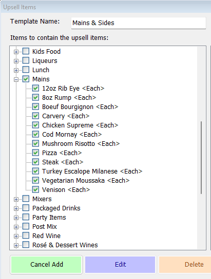 shows upsell form with mains category expanded to show items