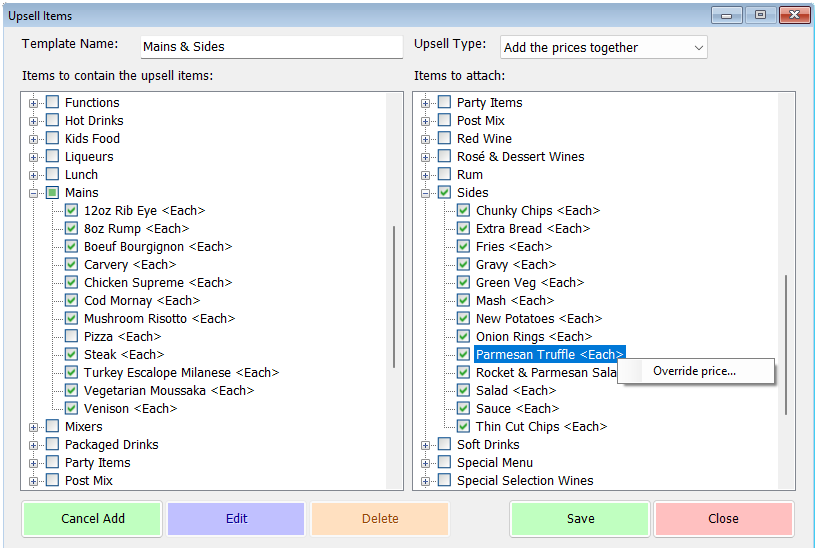 shows upsell form with context menu for overriding price